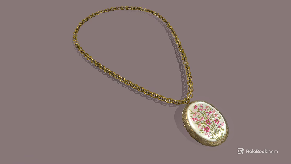 Gold Chain Necklace With Oval Pendant And Floral Pattern Design 3d model 