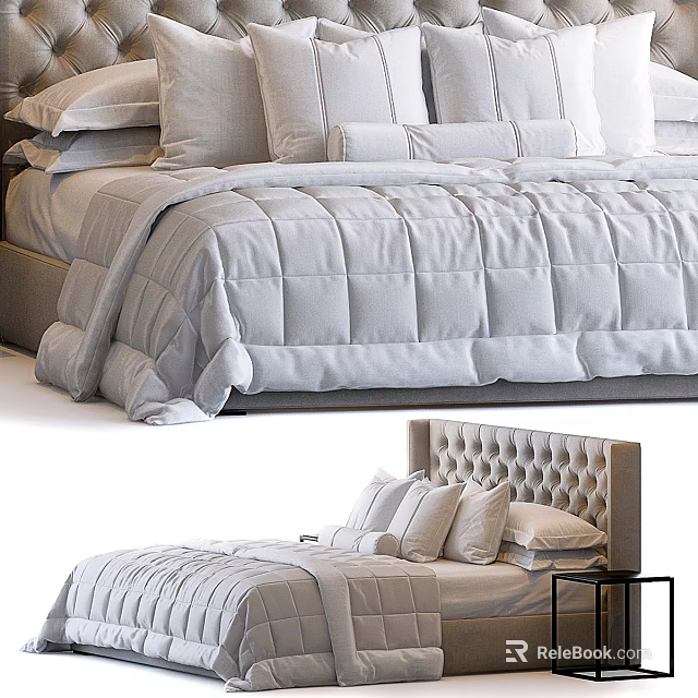 Modern Double Bed with Tufted Upholstered Headboard Gray Quilted Comforter and Pillows 3d model 