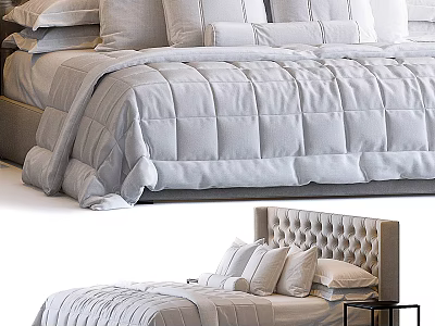 Modern Double Bed with Tufted Upholstered Headboard Gray Quilted Comforter and Pillows 3d model