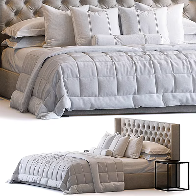 Modern Double Bed with Tufted Upholstered Headboard Gray Quilted Comforter and Pillows 3d model