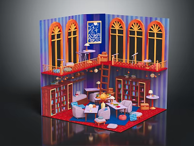 Dollhouse Interior Design With Two Levels Arched Windows Bookshelves And Red Flooring 3d model