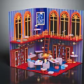 Dollhouse Interior Design With Two Levels Arched Windows Bookshelves And Red Flooring