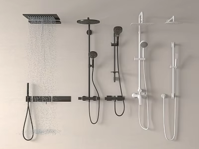 Various Style Shower Heads in Black and White Wall Mounted Designs 3d model