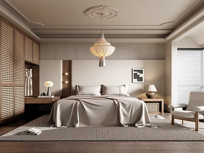 Modern Bedroom Interior With Wooden Slatted Wardrobes Striped Walls Pendant Lamp Bedside Lamps And Rug 3d model