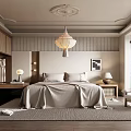 Modern Bedroom Interior With Wooden Slatted Wardrobes Striped Walls Pendant Lamp Bedside Lamps And Rug