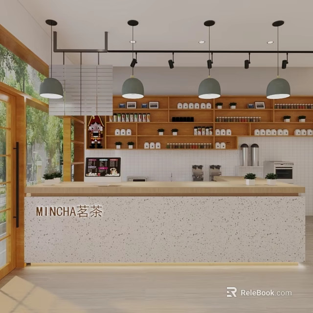 MINCHA Modern Tea Restaurant Interior With Open Counter Hanging Lights Wooden Shelves And Green Plants 3d model 