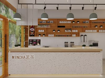 MINCHA Modern Tea Restaurant Interior With Open Counter Hanging Lights Wooden Shelves And Green Plants 3d model