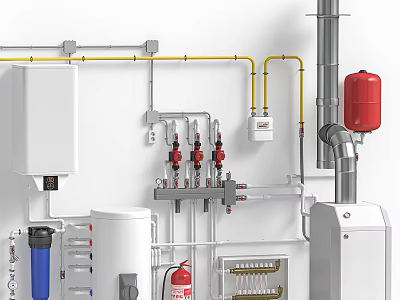 Industrial Piping And Mechanical Equipment Setup With Red Fire Extinguisher White Water Tank And Valves 3d model