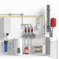 Industrial Piping And Mechanical Equipment Setup With Red Fire Extinguisher White Water Tank And Valves