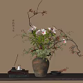 Rustic Ceramic Vase with White Lilies Red Berry Branches on Wooden Table Beige Background