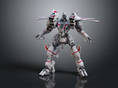 Futuristic Mechanical Robot Character With White Red Armor Multiple Limbs And Back Propellers 3d model