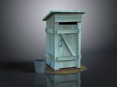 Light Blue Wooden Hut with Simple Door Design and Gray Bucket on Grass Covered Ground 3d model