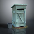 Light Blue Wooden Hut with Simple Door Design and Gray Bucket on Grass Covered Ground