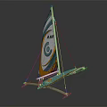 Modern Catamaran Sailboat Featuring Green Yellow White Sail With C And ANNO Logo Wooden Hull