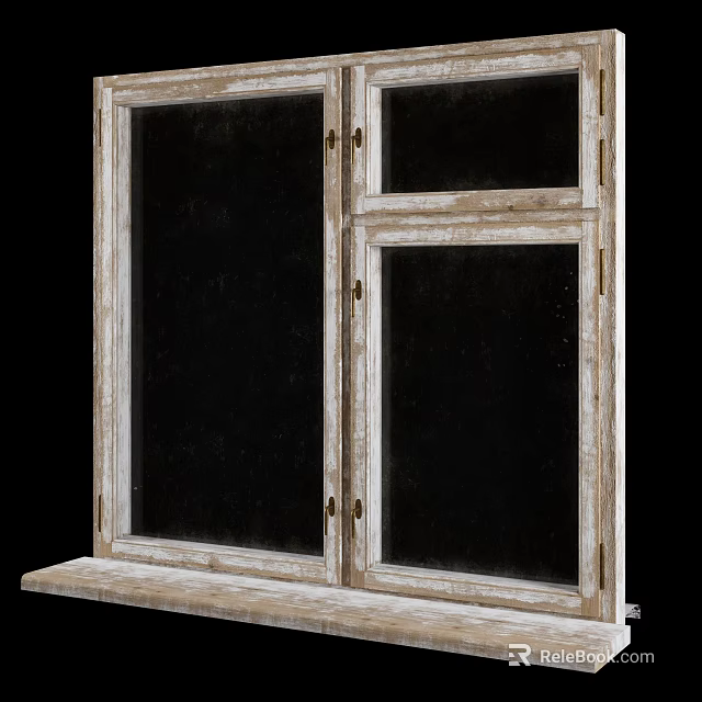 Vintage Wooden Casement Windows With Distressed White Frame And Sill 3d model 