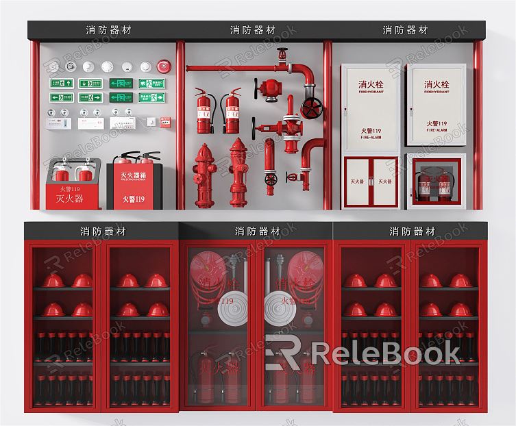 Modern fire-fighting equipment Fire-fighting equipment Fire extinguisher Fire-fighting facilities Fire hydrant Smoke detector Spray fire cabinet Safety exit sign model