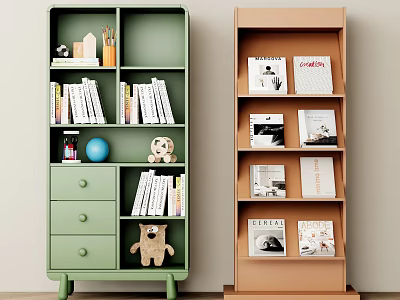 Green And Brown Bookcases With Drawers Books Decorative Items And Magazines 3d model