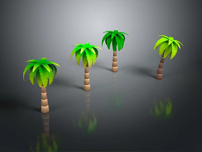 Four Palm Trees With Green Leaves And Brown Trunks On Gray Background With Reflections 3d model