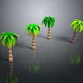 Four Palm Trees With Green Leaves And Brown Trunks On Gray Background With Reflections