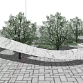 Giant White Curved Sculpture With Illuminated Yellow Patterns In Grassland With Trees Against Cloudy Sky