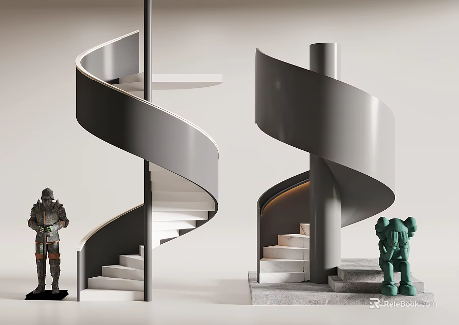 Modern Gray Spiral Staircase With Curved Structure And Decorative Sculptures 3d model 