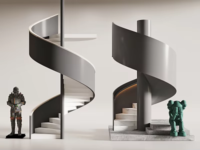 Modern Gray Spiral Staircase With Curved Structure And Decorative Sculptures 3d model