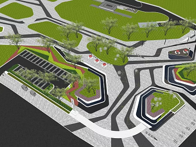 Commercial Landscape Design With Curved Roads Green Lawns Parking Area And Trees 3d model