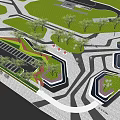 Commercial Landscape Design With Curved Roads Green Lawns Parking Area And Trees