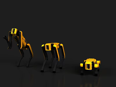 Smart Yellow Robotic Machines In Different Sizes With Mechanical Leg Structure Design 3d model