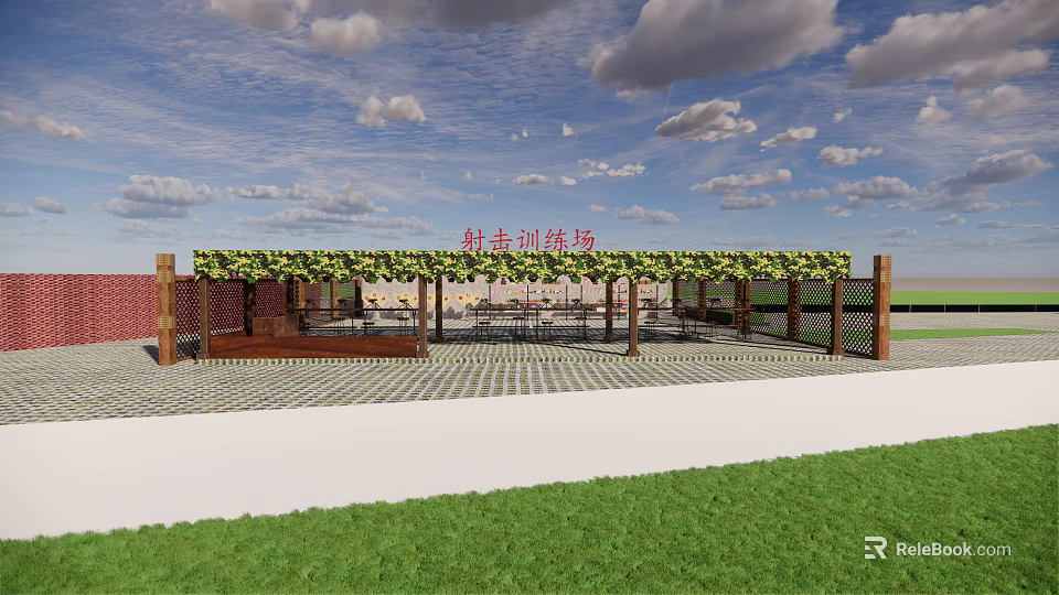 Outdoor Fitness Training Area With Pergola Green Plants And Paved Floor 3d model 