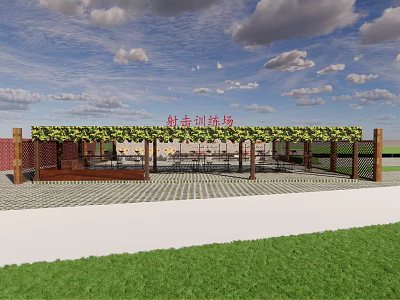 Outdoor Fitness Training Area With Pergola Green Plants And Paved Floor 3d model