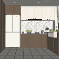 Modern Kitchen Interior With Wooden Cabinets White Refrigerator Patterned Backsplash And Tiled Floor