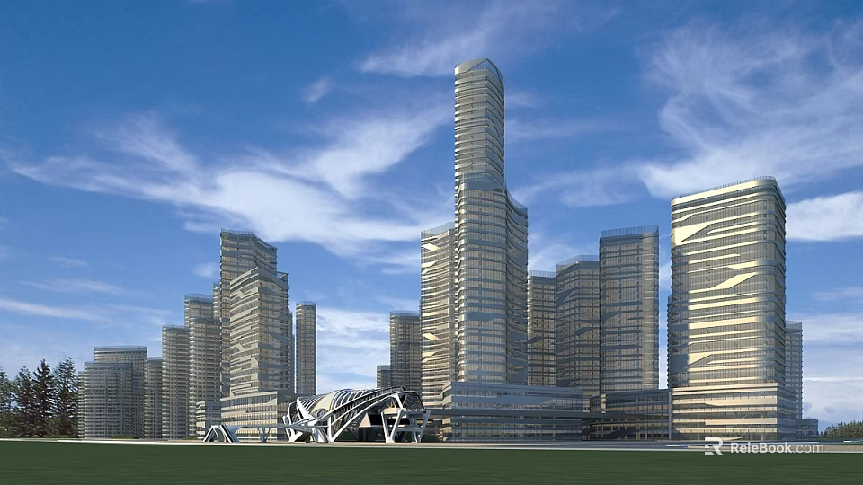 Modern Office Buildings Complex With Glass Curtain Walls And Blue Sky White Clouds Grassland 3d model 