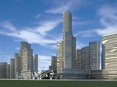 Modern Office Buildings Complex With Glass Curtain Walls And Blue Sky White Clouds Grassland 3d model