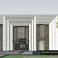 Modern Sales Office Building With White Walls Large Glass Windows And Trees Around