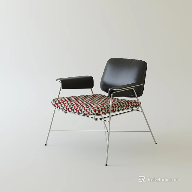 Modern Single Chair With Black Leather Backrest Armrests And Red White Checkered Seat Cushion 3d model 