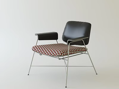 Modern Single Chair With Black Leather Backrest Armrests And Red White Checkered Seat Cushion 3d model