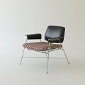 Modern Single Chair With Black Leather Backrest Armrests And Red White Checkered Seat Cushion