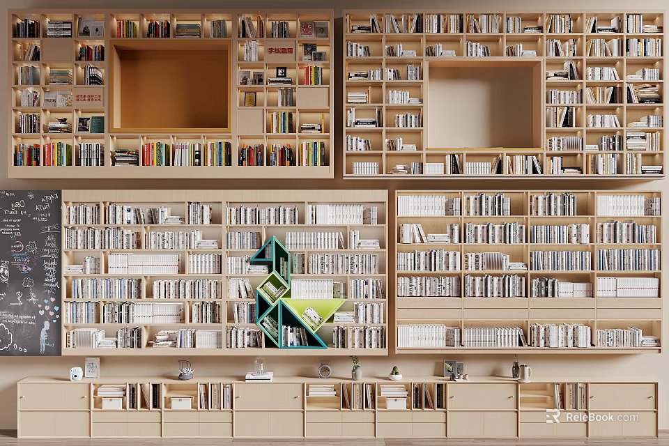Modern Bookcase Interior Design With Multiple Open Wooden Shelves Books And Decor 3d model 