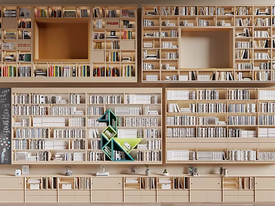 Modern Bookcase Interior Design With Multiple Open Wooden Shelves Books And Decor 3d model