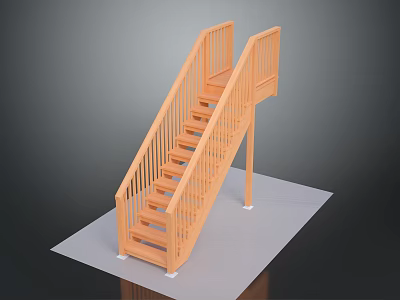 Wooden Staircase Model With Straight Design And Wooden Handrails And Steps 3d model