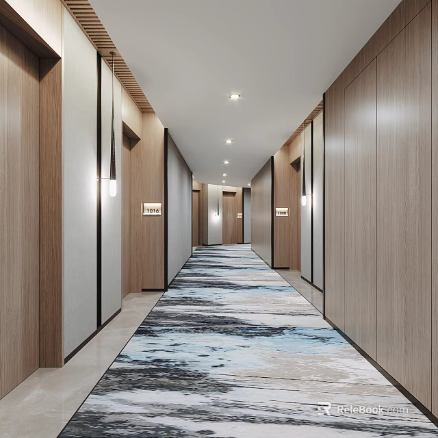 Modern Hotel Corridor With Wooden Walls Blue Gray Patterned Carpet Ceiling Lights And Wall Sconces 3d model 