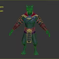 Blue Skinned Fantasy Game Character With Wolf Like Head Red Cape And Brown Armor