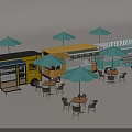 Vibrant Commercial Street Featuring Colorful Food Trucks Outdoor Dining Tables With Blue Umbrellas