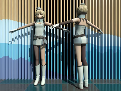 Game Movie Female Characters in White Outfit Short Hair Headpiece White Boots and Striped Background 3d model