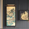 Chinese Landscape Paintings Hanging On Dark Wall With Branch Decoration And Blue Green Tones