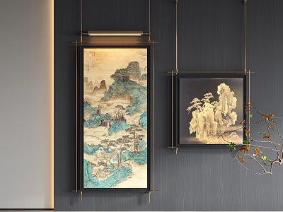 Chinese Landscape Paintings Hanging On Dark Wall With Branch Decoration And Blue Green Tones 3d model