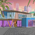 Modern Container Library Building With Colorful Exterior Large Glass Windows Palm Trees Urban Backdrop