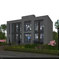 Modern White Office Building Featuring Large Glass Windows Surrounded By Greenery Trees And Pedestrian Walkway