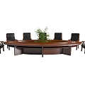 Oval Wooden Conference Table with Black Leather Chairs and Central Green Plant in Meeting Room
